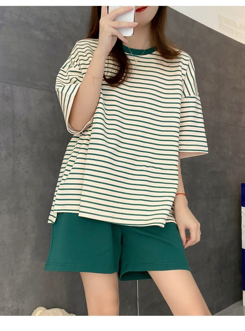 Casual Striped Summer Short Sleeves Shirts & Shorts Homewear