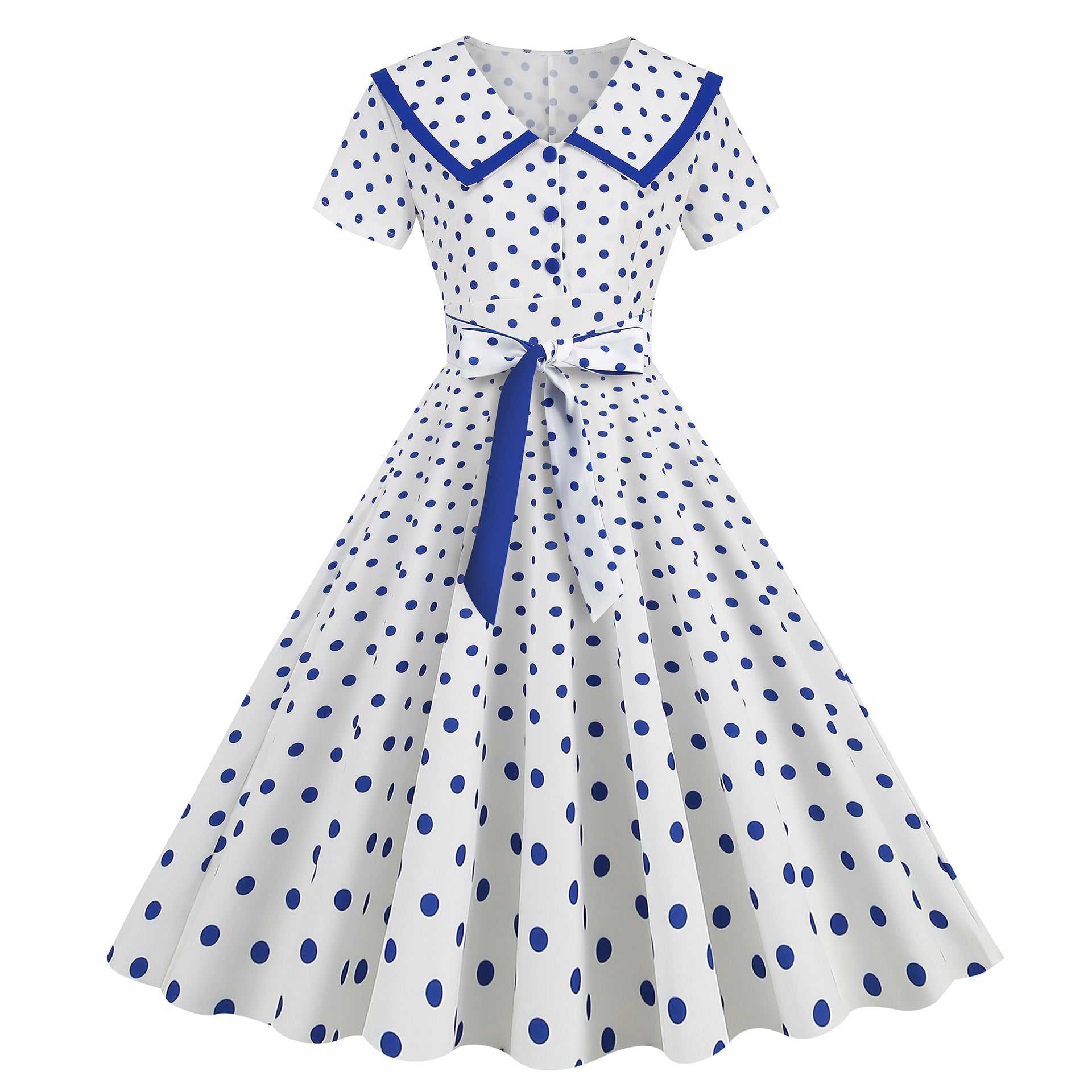 Vintage-Inspired Polka Dot Print Wrap Waist Flared Dress with Belt