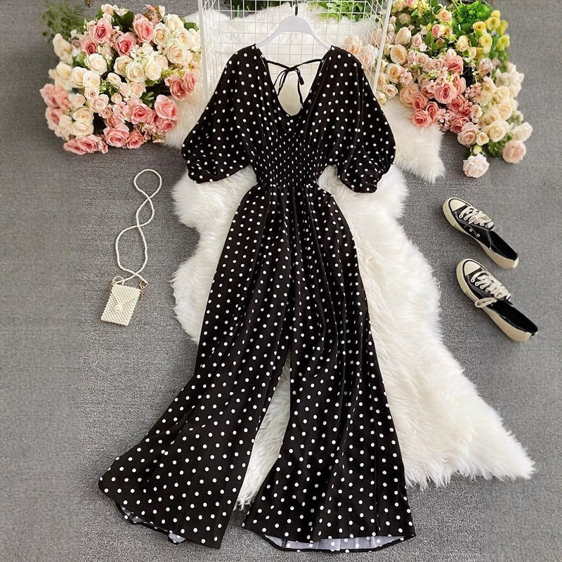 Women's Sexy V-Neck Batwing Sleeve Waist-Cinching Slimming Polka Dot Print Jumpsuit
