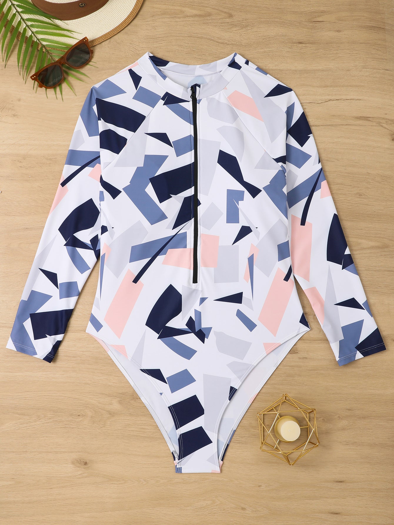 Women's Printed Long Sleeve Zip-Up One-Piece Swimsuit