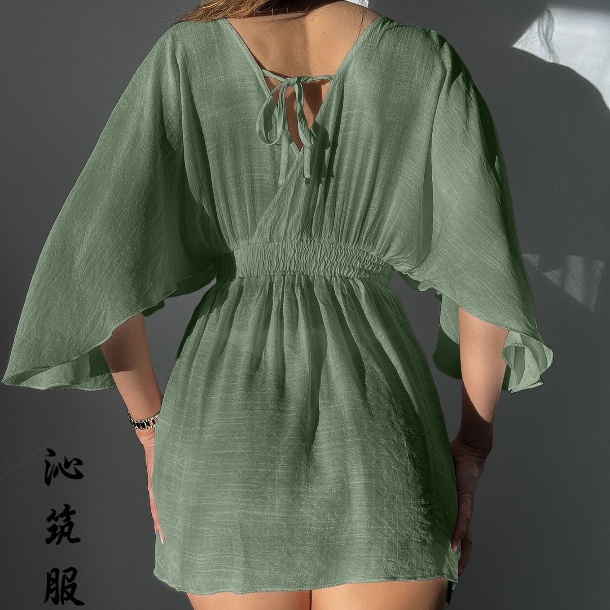 Sexy Backless Beach Dress – High-Waist Short Sleeve Wrap Shirt for Women