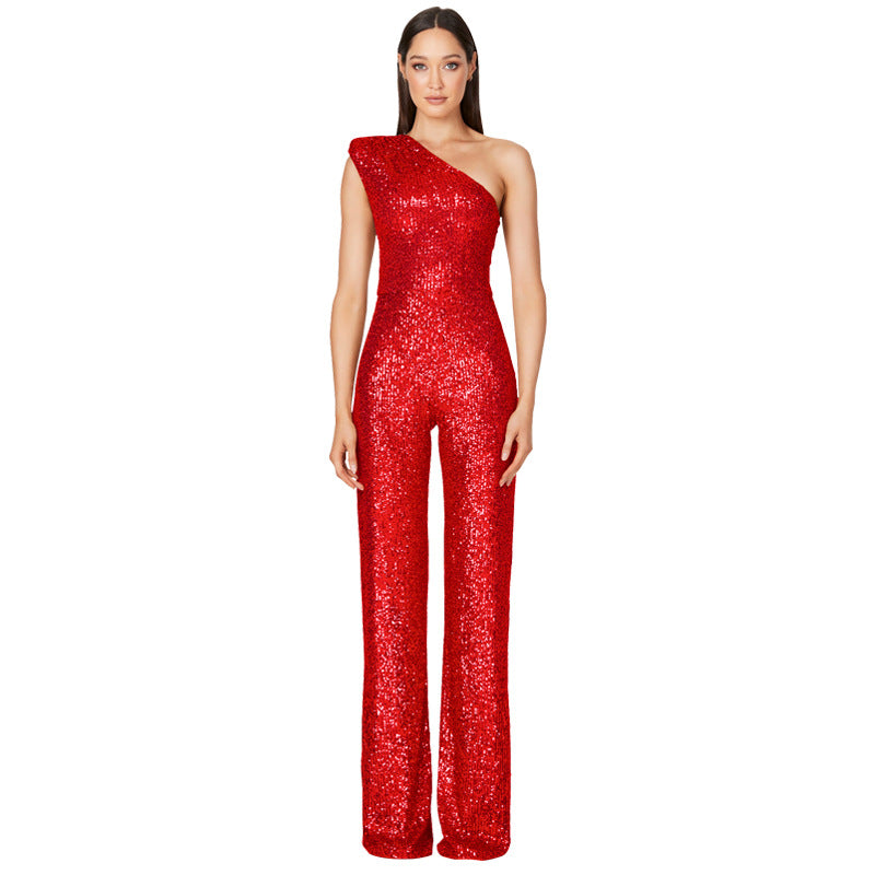 Sexy One Shoulder Sequined Jumpsuits