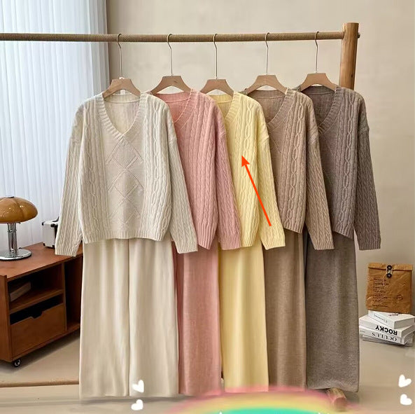 Women's Fashion Casual Long Sleeve Sweater Set – Winter Warm Knit Pullover & Wide-Leg Pants Two-Piece Outfit