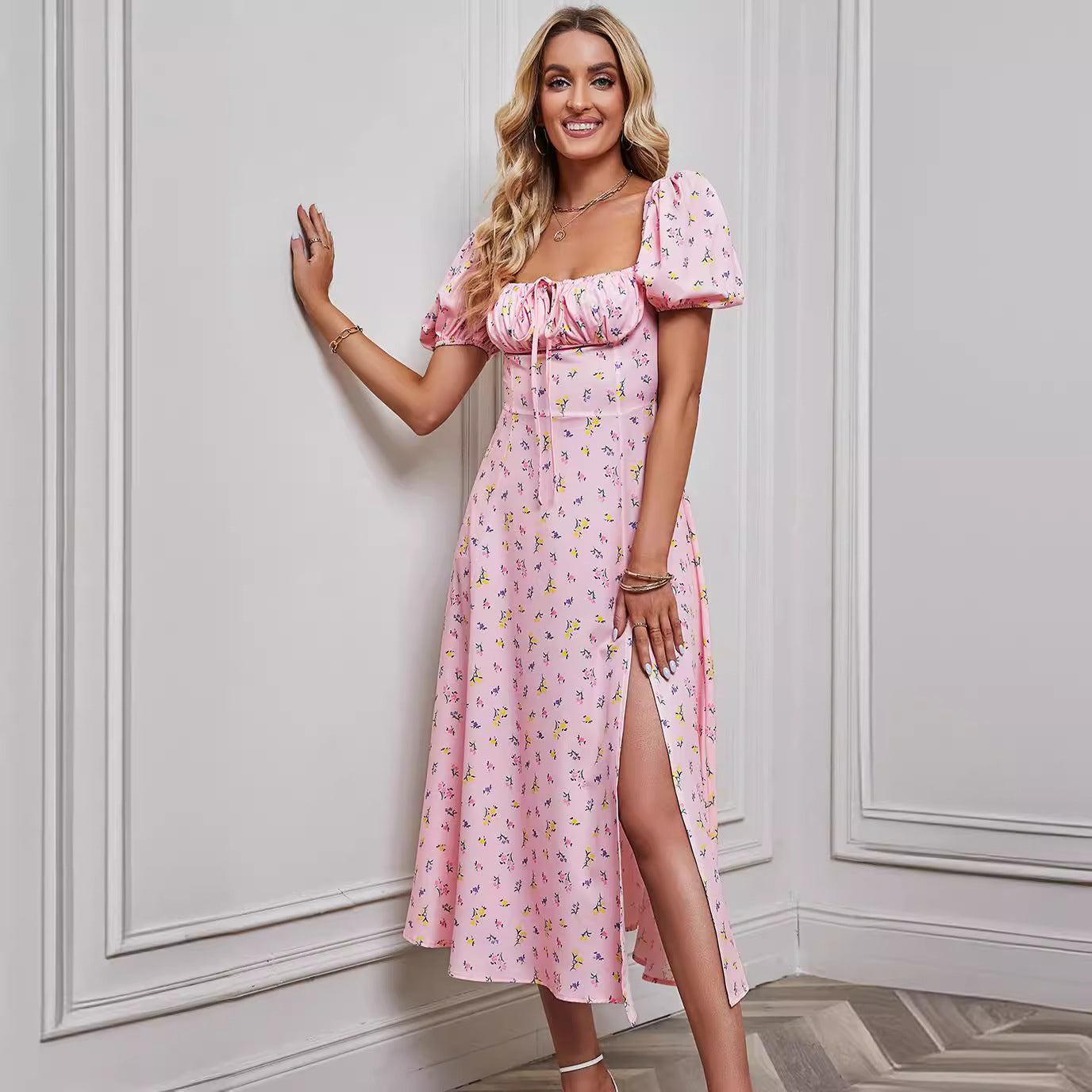 Women's Fashion Floral Print Bubble Sleeve Tie-Front Bustier Slit Dress