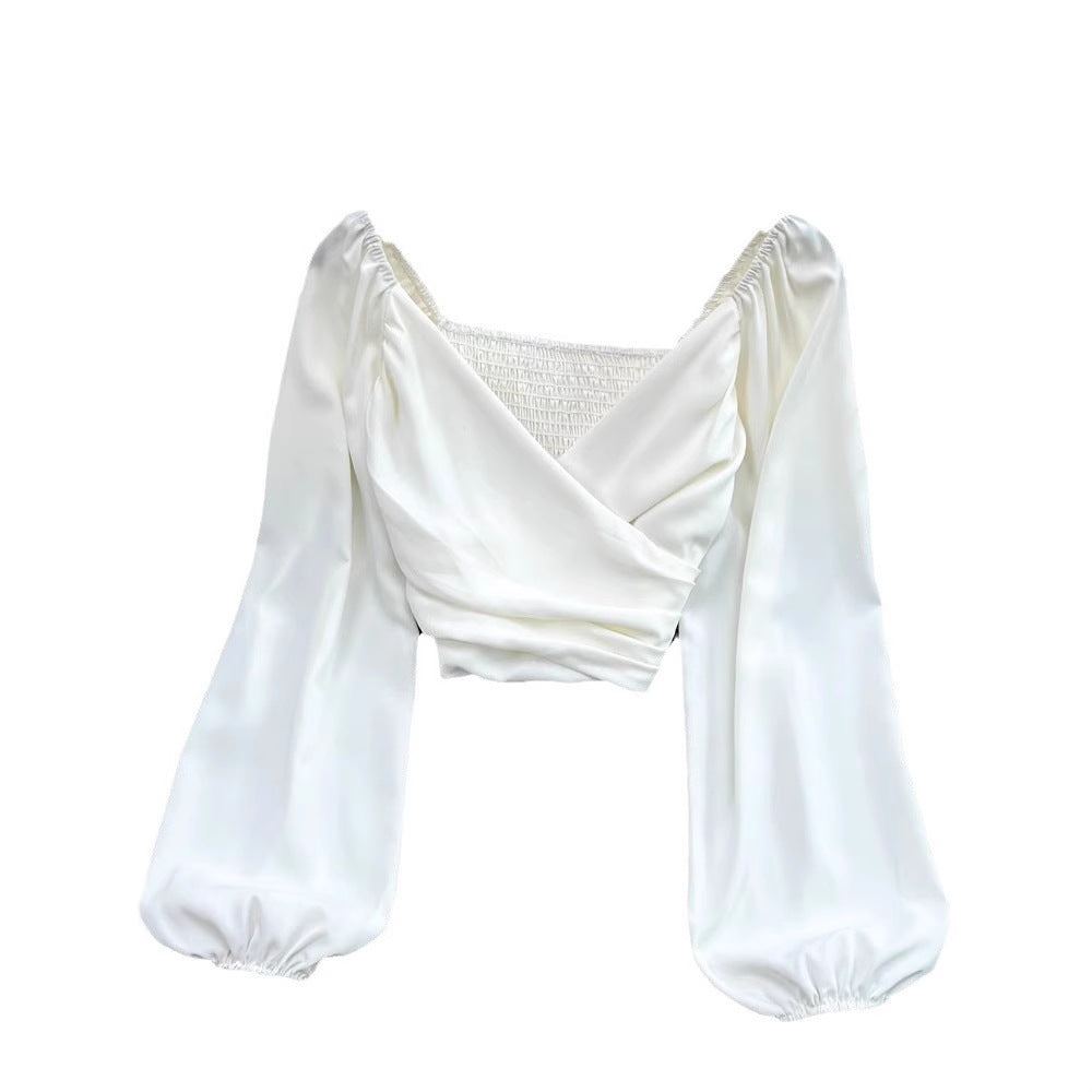 V-Neck Ruffle Bubble Sleeve Cropped Top