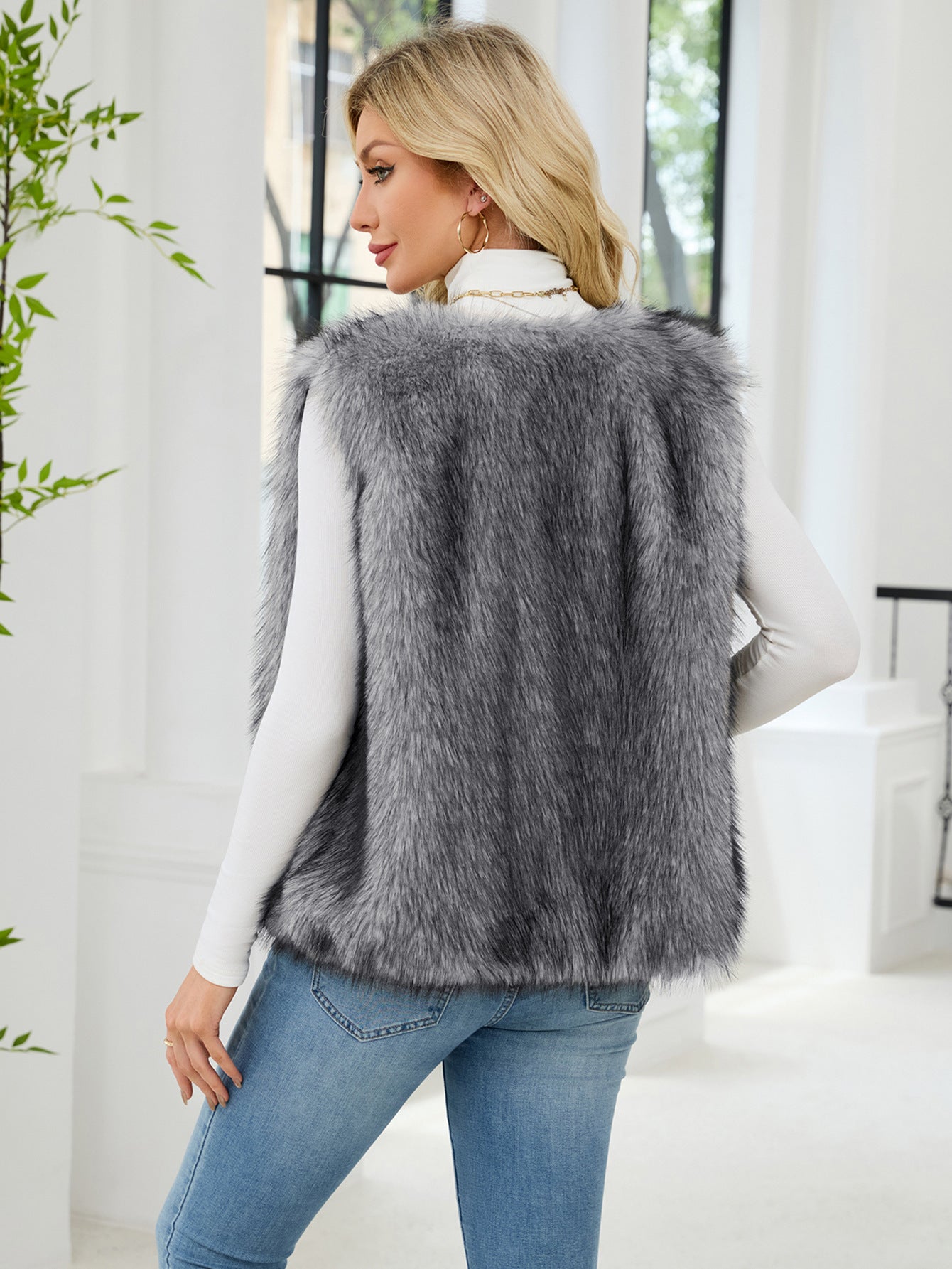 Faux Fur V-Neck Vest Sleeveless Top