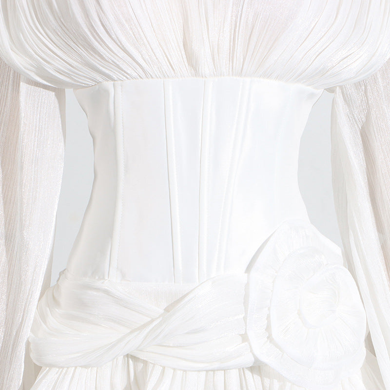 Designed Women's Summer V-Neck Puff Sleeve Short Hem Floral Ruffle Dress