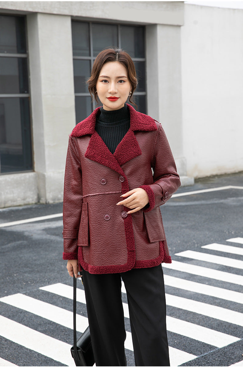 Women's Winter Faux Fur-Trimmed  Plus Sizes Leather Jacket