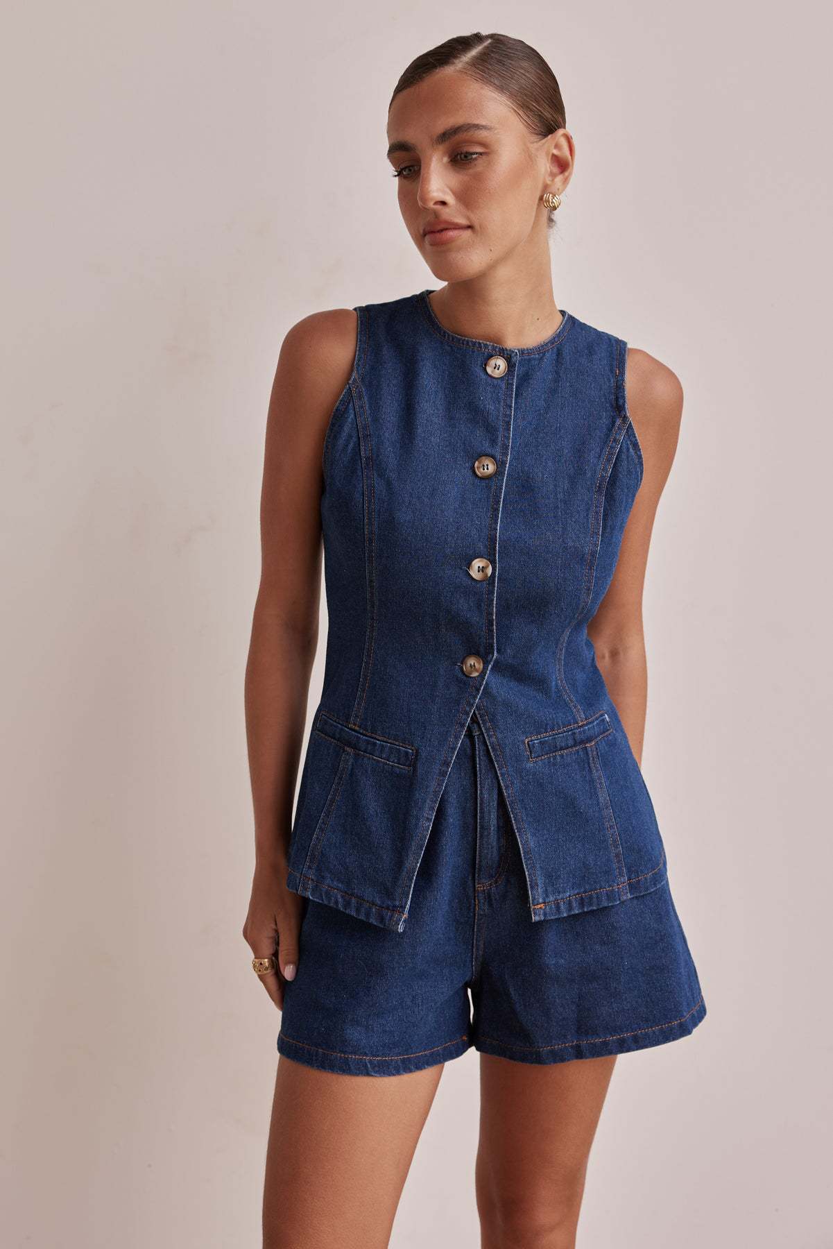 High-Waisted Distressed Denim Shorts Set