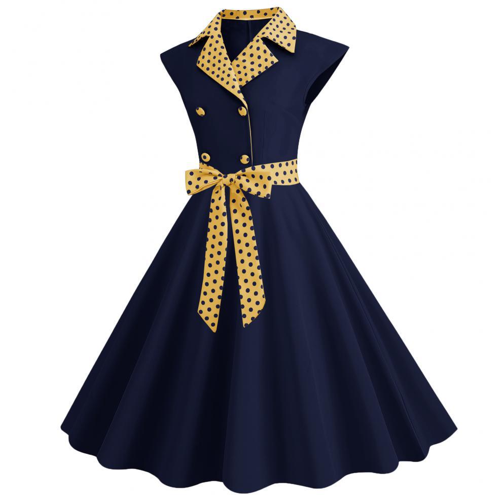 Elegant V-Neck Polka Dot & Solid Color A-Line Dress with Belt for Women