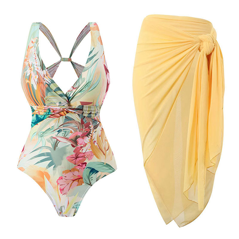 Fashionable Printed Romper with Sun Protection Sheer Cover-Up and Beach Vacation Outfit