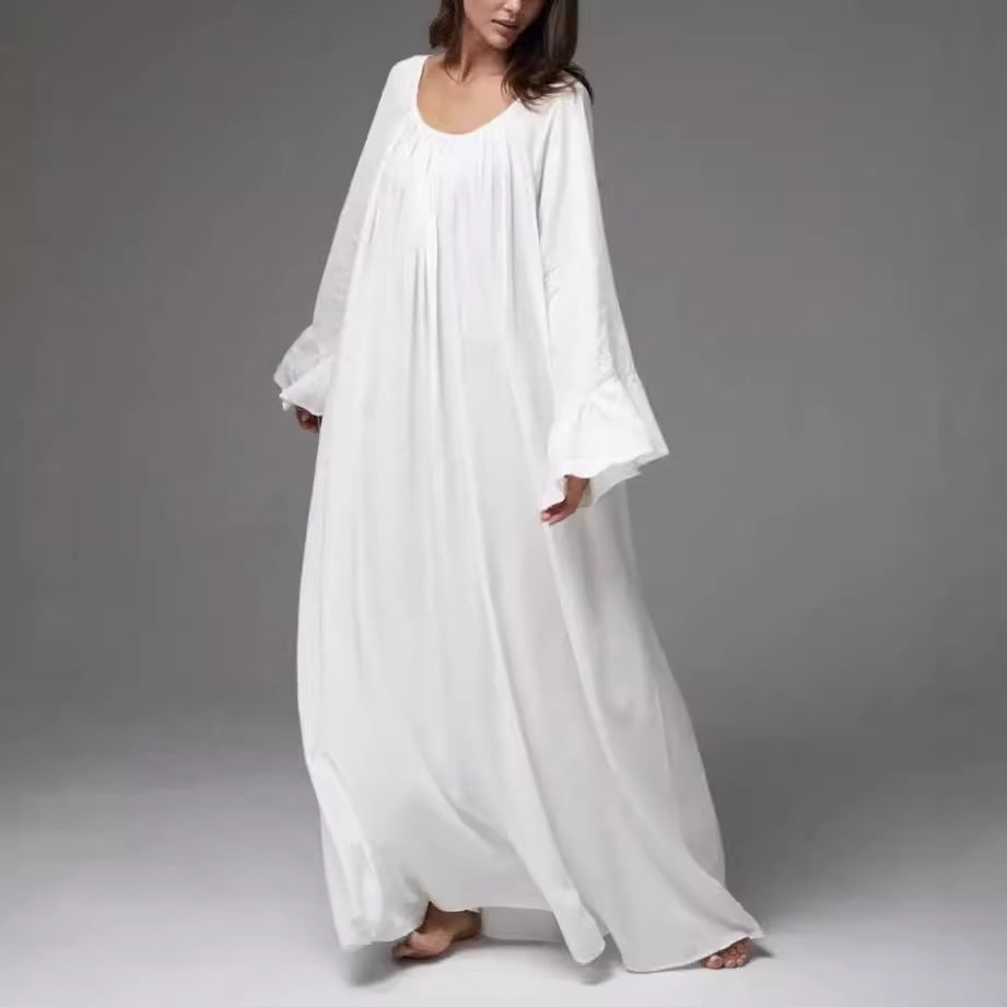 Boho Oversized Dress – Flowy Maxi Robe Dress in Solid Color-White-One Size-Free Shipping Leatheretro