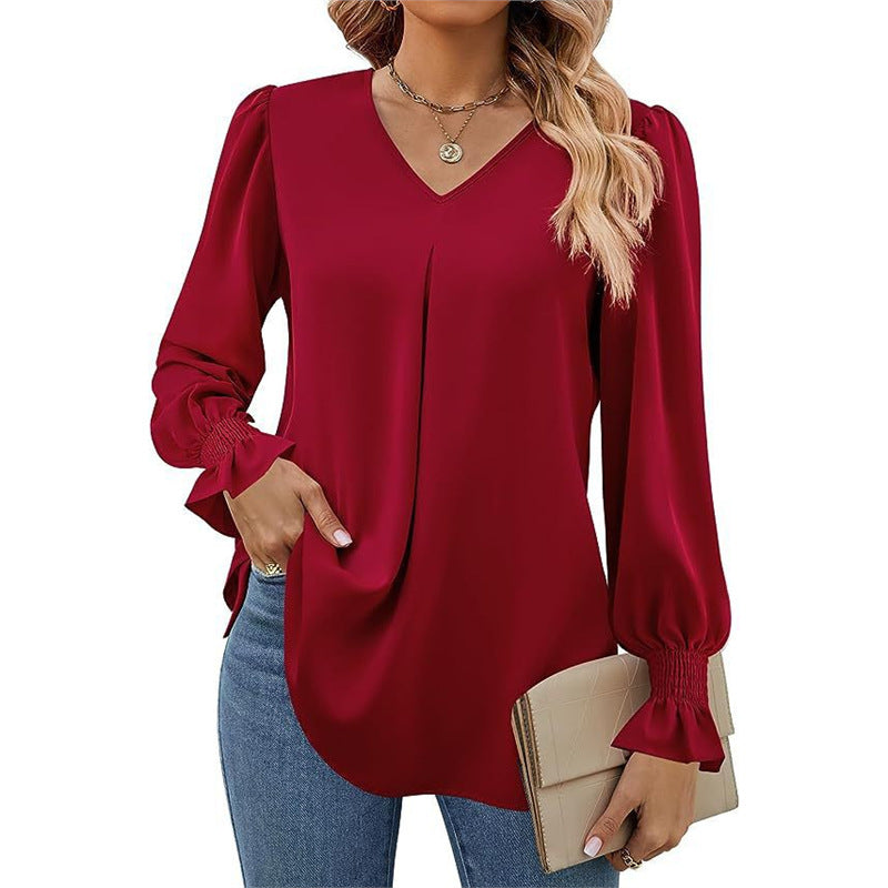 Women's Solid Color Chiffon V-Neck Bell Sleeve Blouse