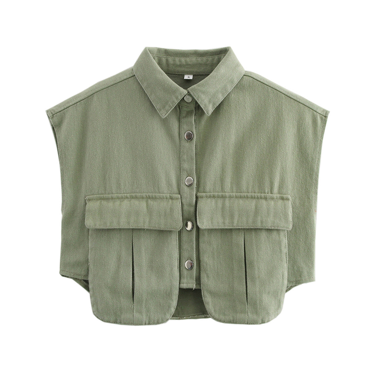 Women's Solid Color Oversized Pocket Sleeveless Polo Collar Denim Shirt Top