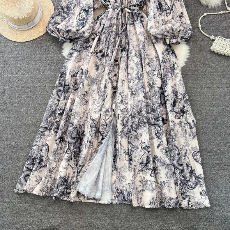 Retro Palace Style Lantern Sleeve Round Neck A-Line Floral Print Button-Down Waist Dress