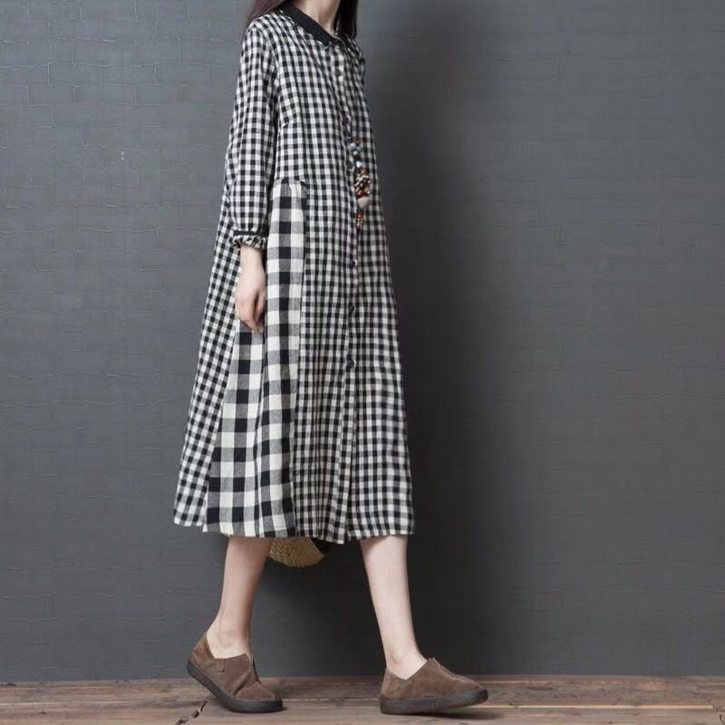 Vintage Plaid Long Sleeves Midi Dresses-Dresses-Free Shipping at meselling99