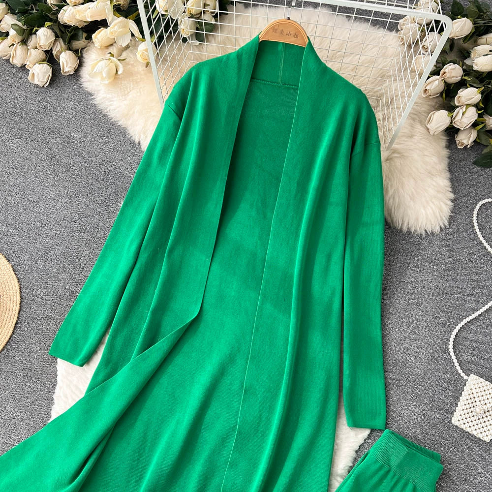 Fashion Fall Knitted 3pcs Cardigan High Neck Sweater Wide Legs Pants