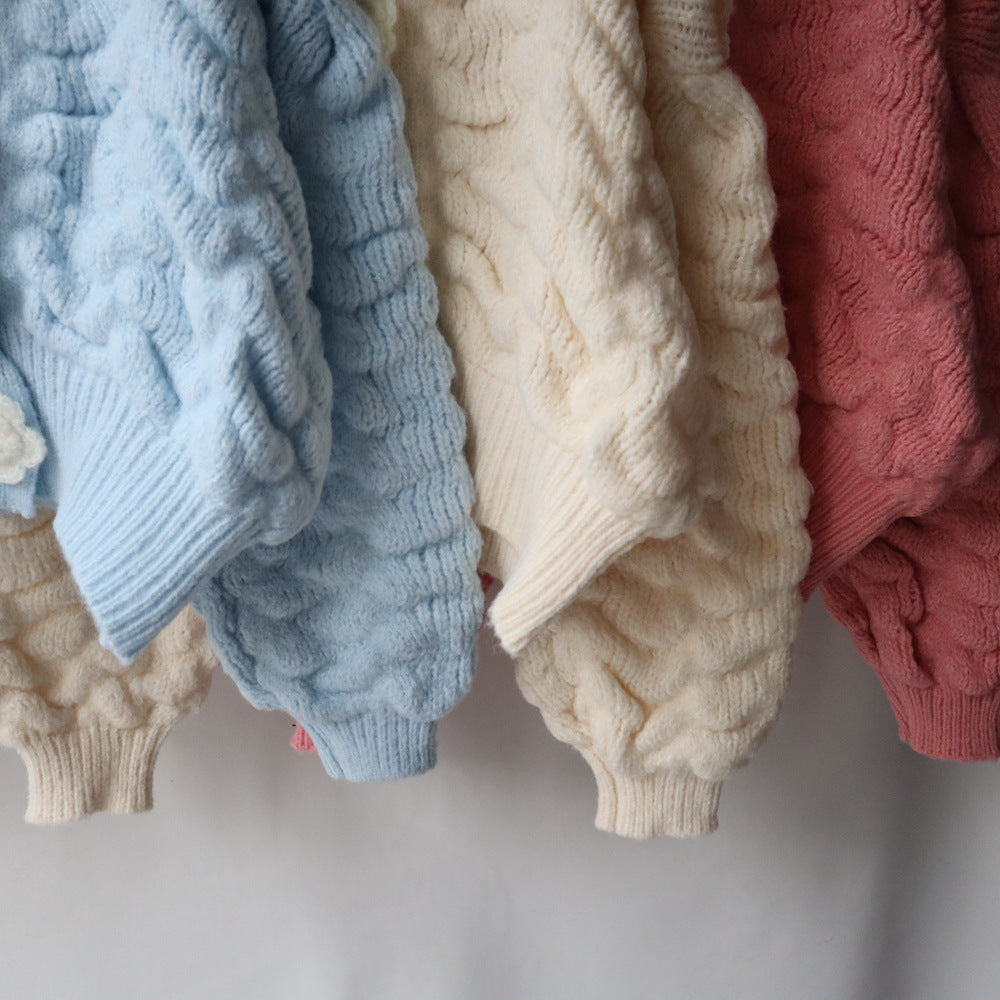 Women's Sweet Short Knit Top – Long Sleeve Floral Embroidered Cardigan Sweater