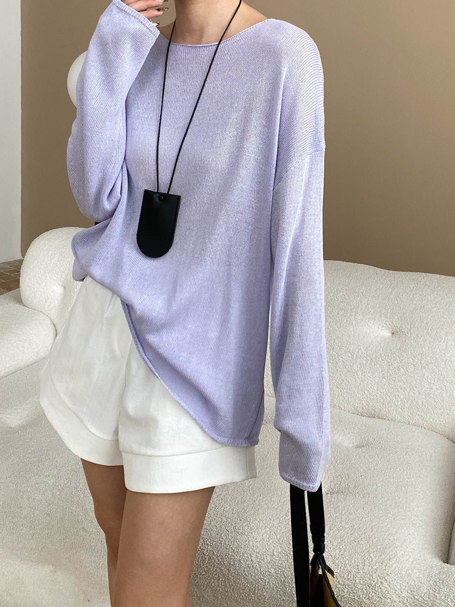 Linen-Blend Relaxed Knit Shirt Blouses