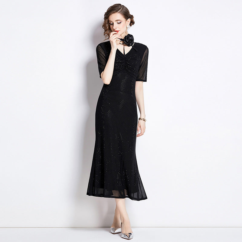 Luxury Designed Diamond 3d Flowers Black Long Dresses