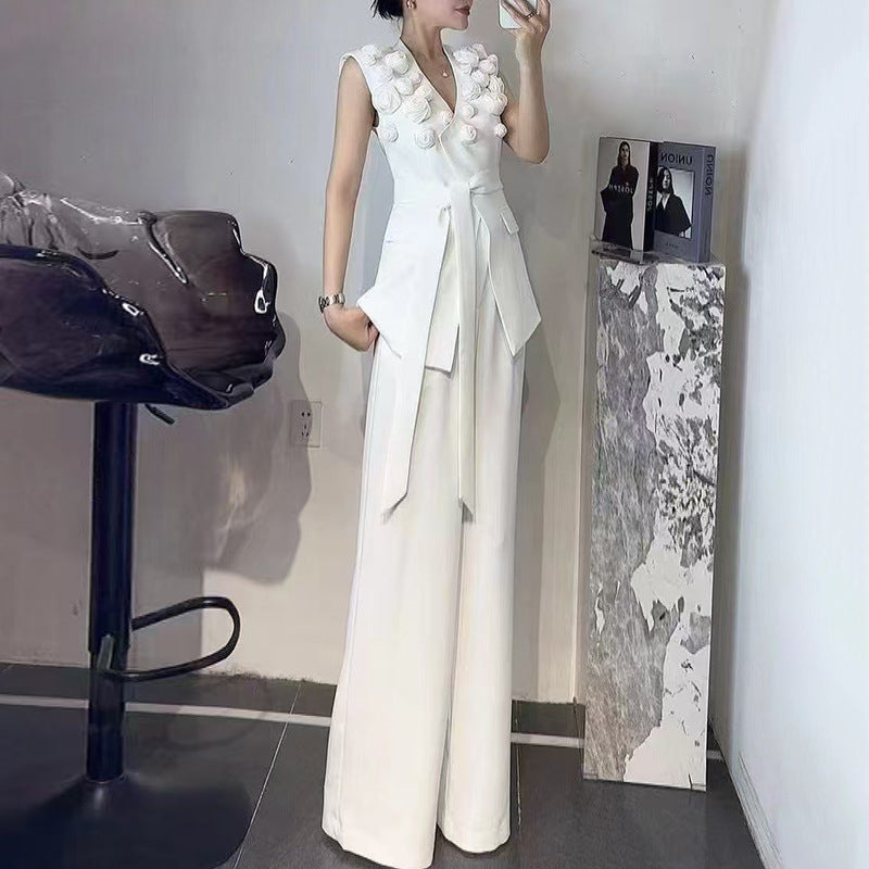 Designed Women's Fashion Floral Patchwork Sleeveless Tie-Front Vest & High-Waisted Wide-Leg Trousers Set