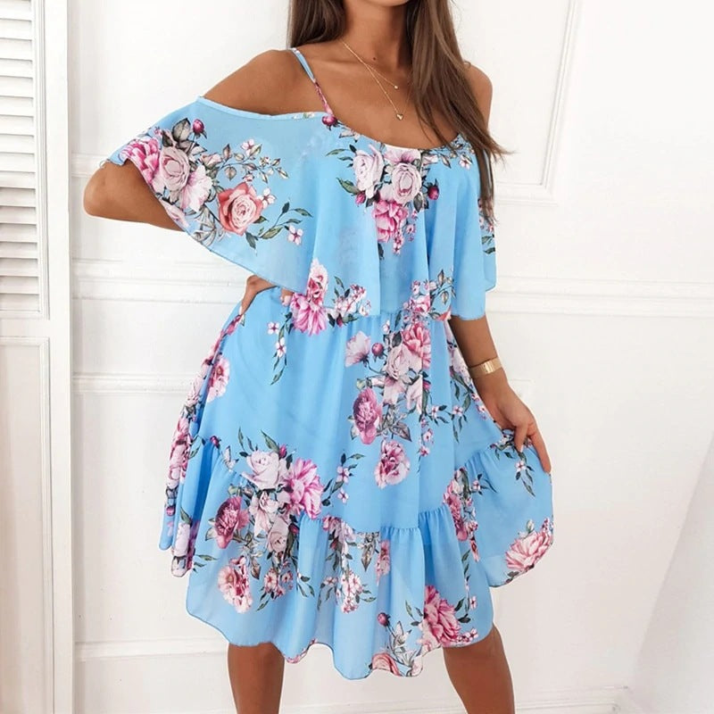 Women's Summer Chiffon Floral Print Off-Shoulder Sexy Spaghetti Strap Dress