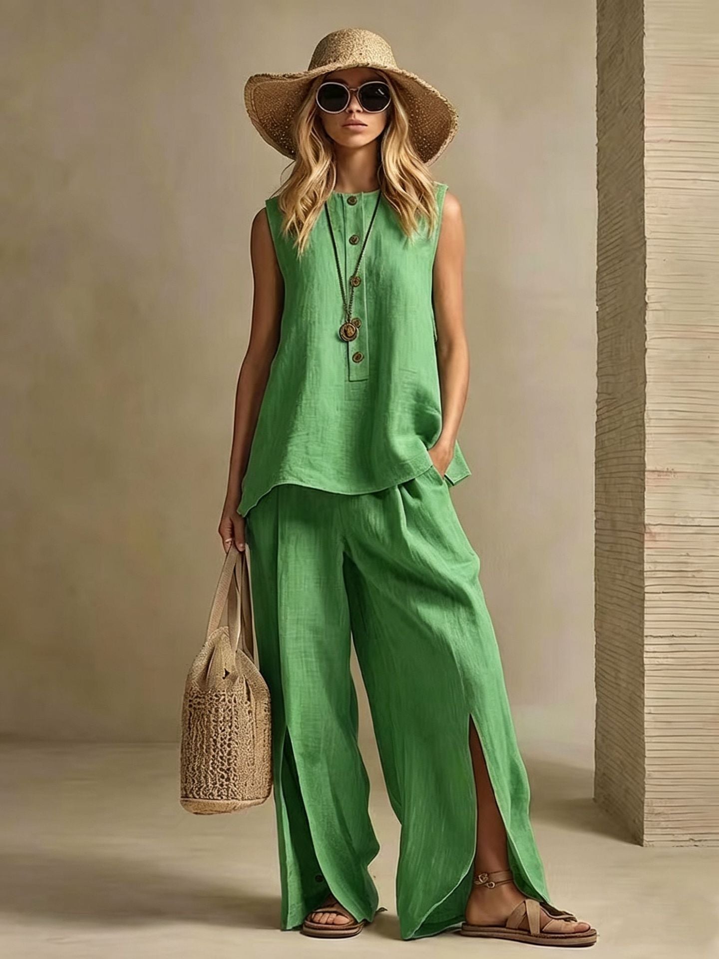 Women's Cotton Linen Sleeveless Two-Piece Set