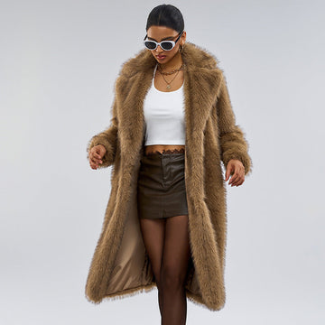 Women's Long Faux Fur Coat – Winter & Autumn Oversized Blazer Collar Jacket