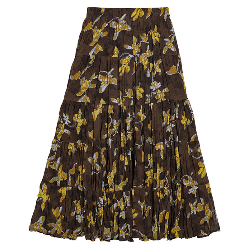 Yuan Su's new summer Wizard of Oz floral pleated skirt, high waist versatile and thin wrinkled A-shaped big swing skirt-Coffee bottom yellow flower-one size fits all-Free Shipping Leatheretro