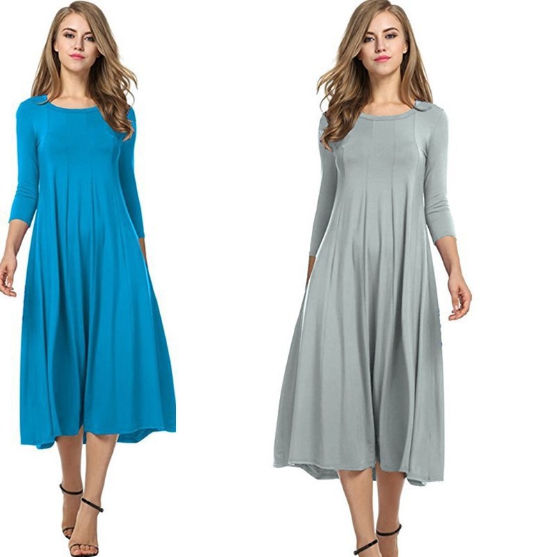 Casual Simple Design Round Neck Midi Dresses