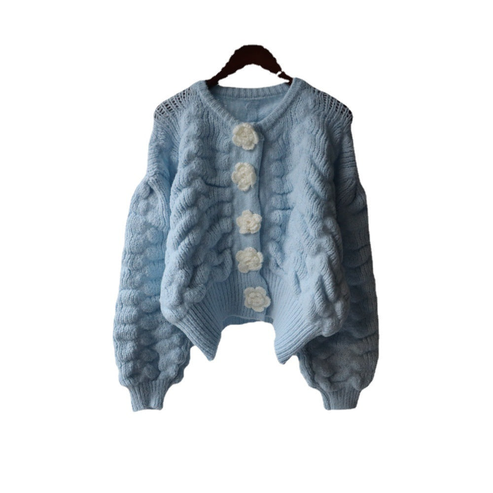 Women's Sweet Short Knit Top – Long Sleeve Floral Embroidered Cardigan Sweater