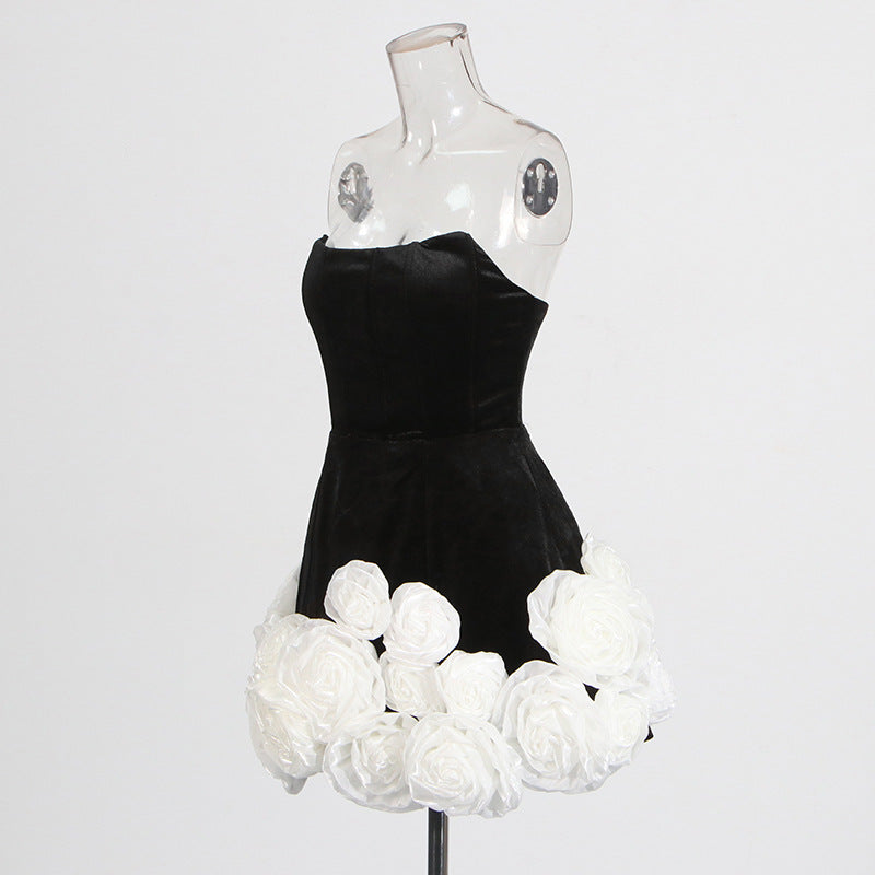 Designed Sexy Velvet Bustier Ball Gown Mini Dress with 3D White Roses