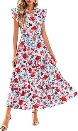 V-Neck Pleated Flying Sleeves Printed Midi Dress