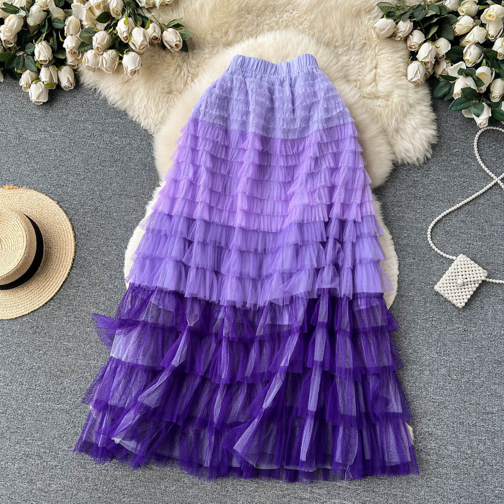 Women's Mid-Length Gradient Mesh A-Line Cake Skirt