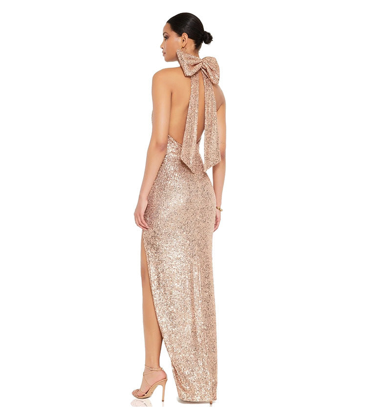 Sexy Sequined Halter Bow Evening Party Dresses