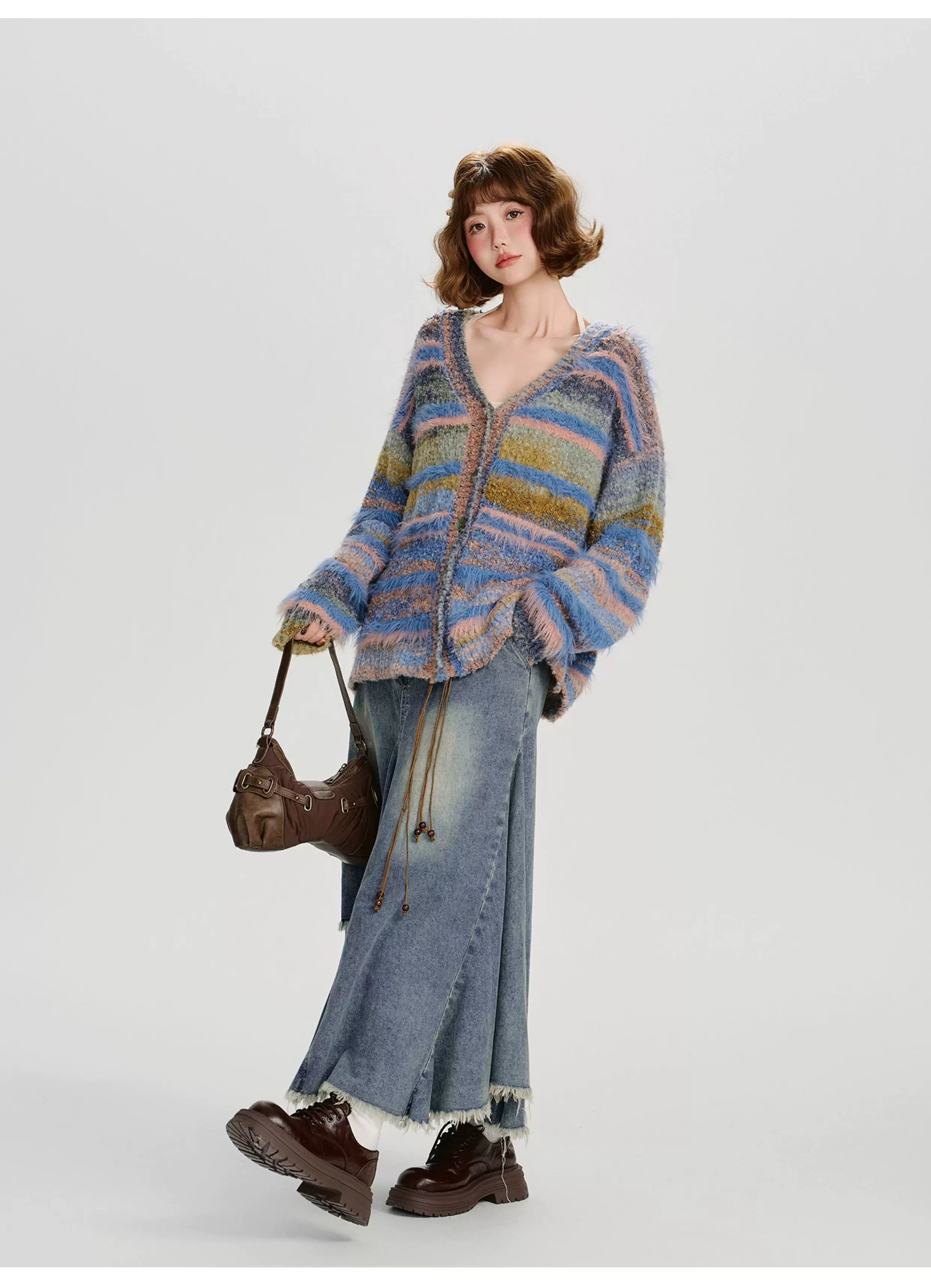 Girlyhalo Vintage Gradient Striped Plush Cardigan