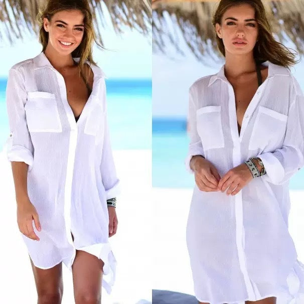 Wrinkle-Resistant Fabric Two Hidden Button Pockets Beach Cover-Up Shirt