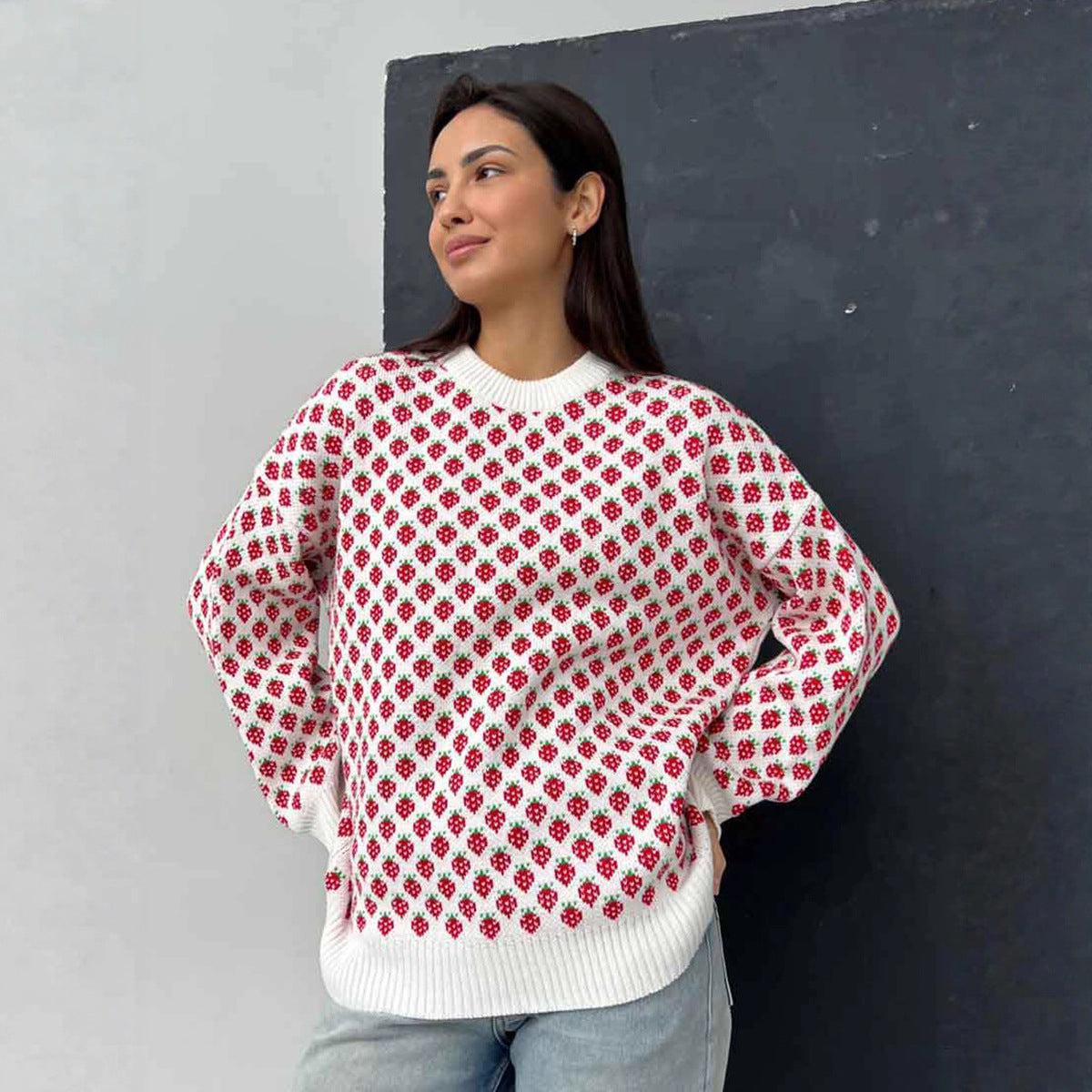 Oversized Strawberry Print Sweater