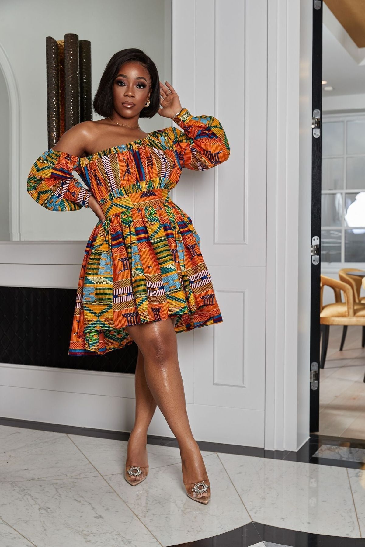 Designed African One Shoulder Long Sleeves Short Dresses