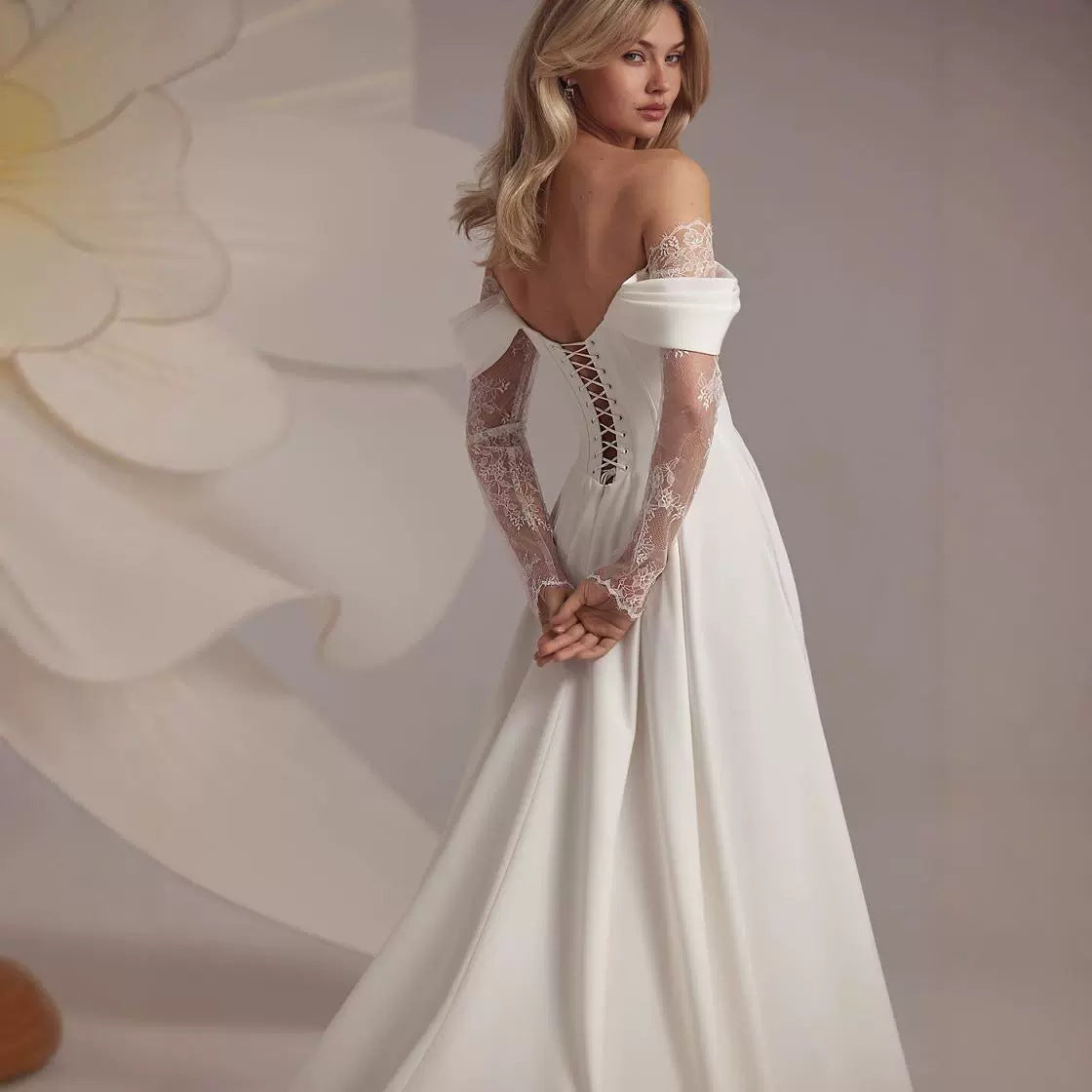 Off-Shoulder Satin Slit Evening Gown/Wedding Dress