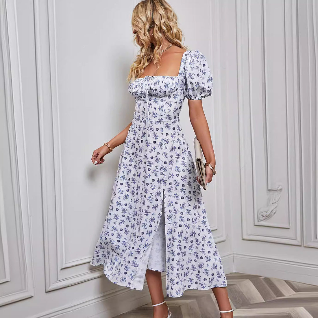 Women's Fashion Floral Print Bubble Sleeve Tie-Front Bustier Slit Dress