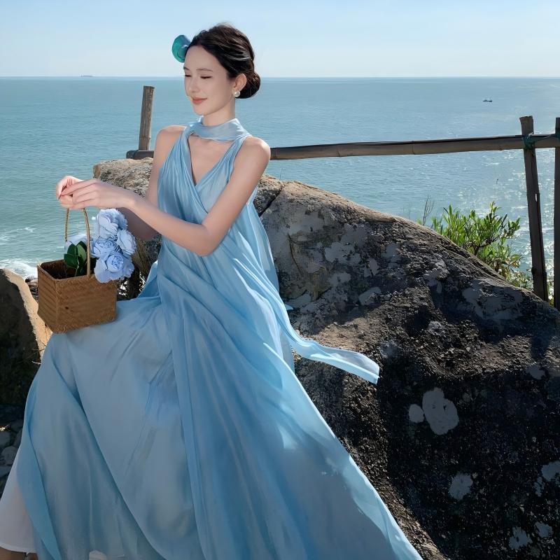 Ethereal Tie-Neck Maxi Dress – Flowy Goddess Silhouette with Elegant Sash Detail