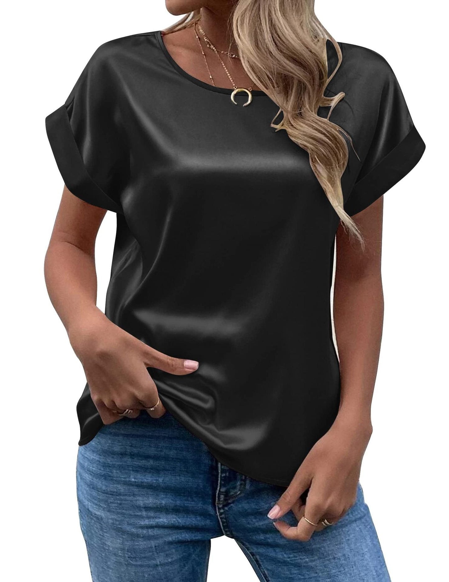 Simple Design Satin Women Short Sleeves Blouses