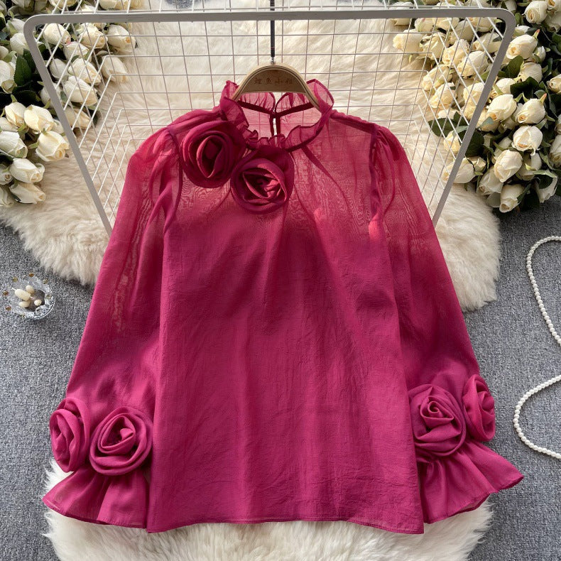 Designed 3D Flowers Chiffon Long Sleeves Shirts