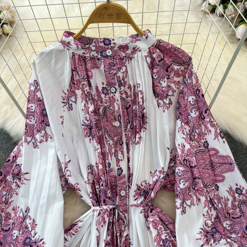 Retro Palace Style Lantern Sleeve Round Neck A-Line Floral Print Button-Down Waist Dress