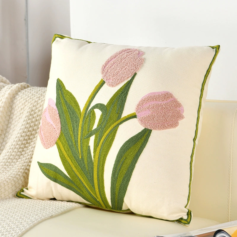Embroidered Tulip Flower Pillow Cover