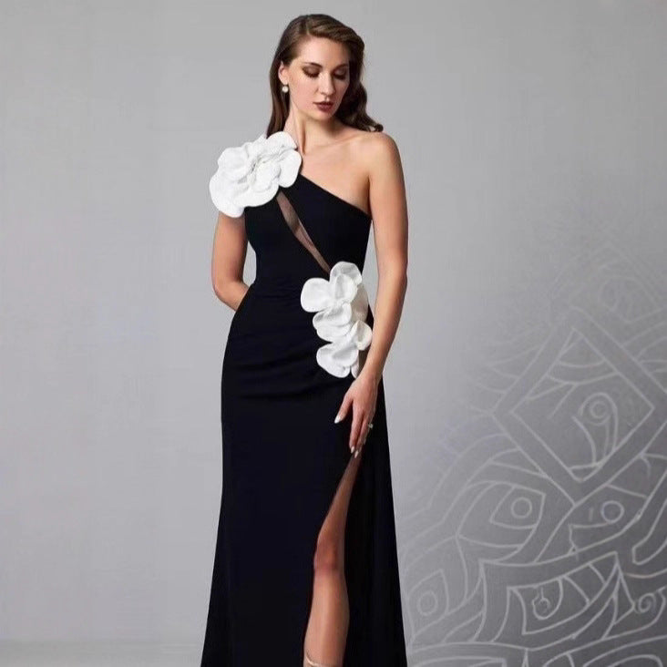Elegant Off-Shoulder Bandage Dress with 3D Floral Details
