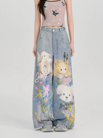 GirlyHao Vintage Tie-Dye Cartoon Print Wide Leg Jeans