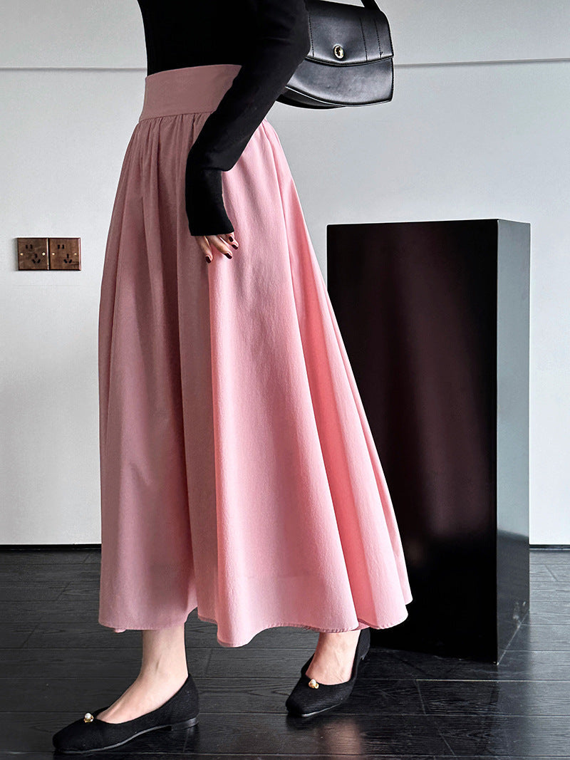 Elegant Pink Midi Skirt – Flowy A-Line Pleated Skirt with High Waist