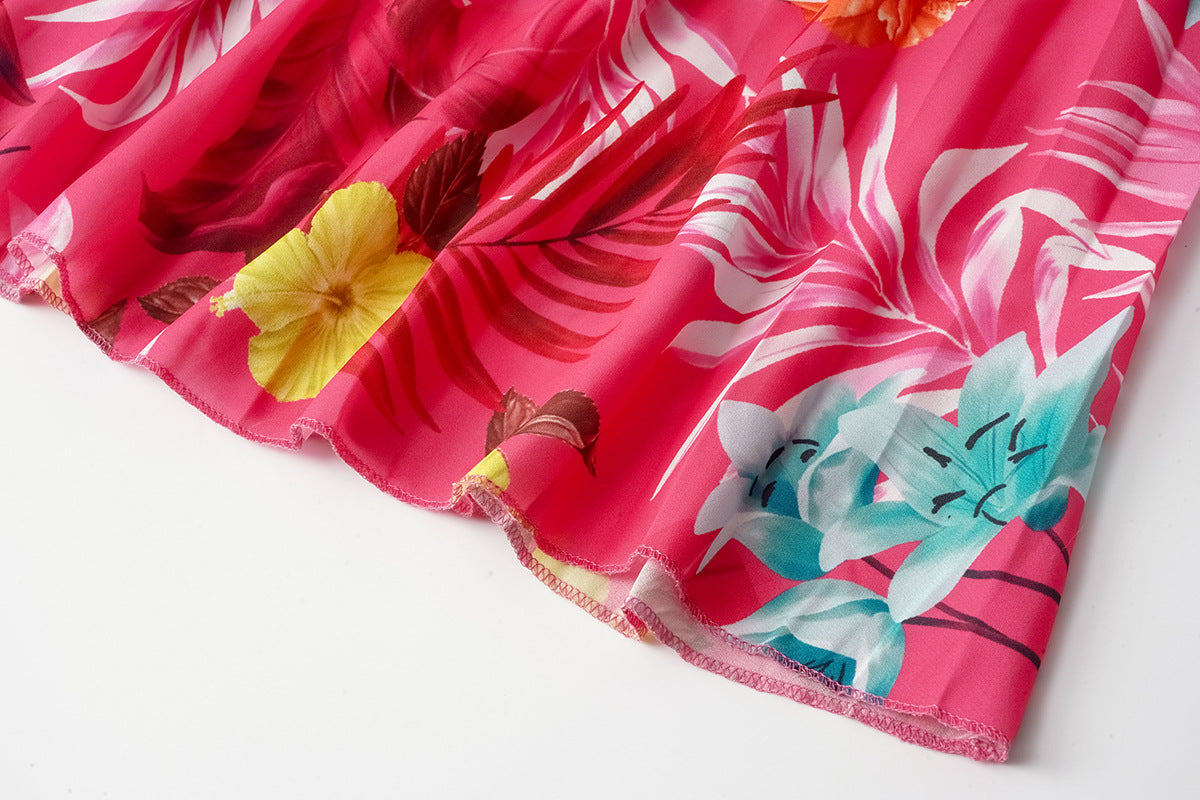 Summer Floral Print Crinkle Midi Short Sleeve Dress